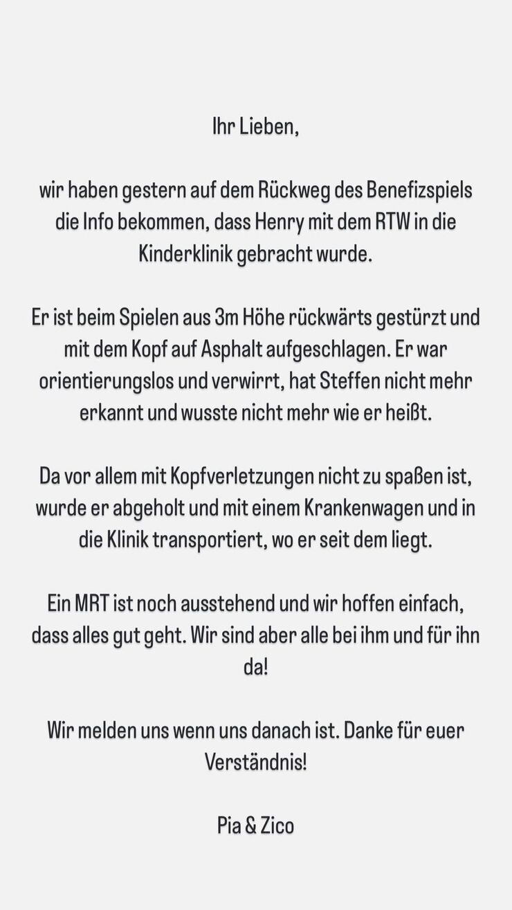 Letzte Nachricht: Pia Tillmanns Sohn Henry schwer verletzt nach drei Metern Sturz ins Krankenhaus